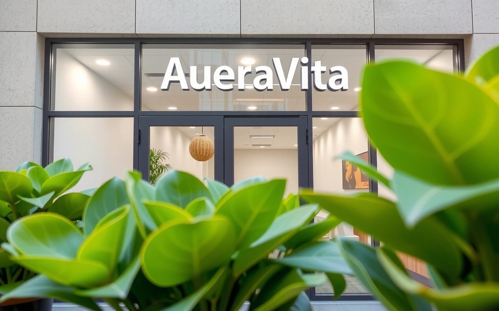 Imagine cu sediul Aureavita, o clădire modernă cu multă lumină naturală și plante verzi la interior