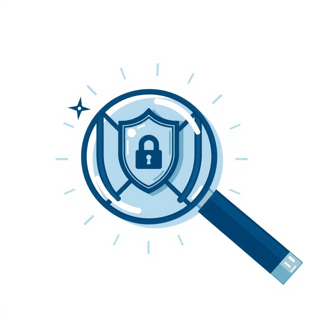 Ilustrație cu un sigiliu de confidențialitate și o lupă, simbolizând protecția datelor și transparența