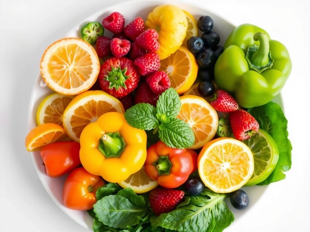 Imagine cu o farfurie plină cu fructe și legume proaspete, colorate, simbolizând o dietă sănătoasă.