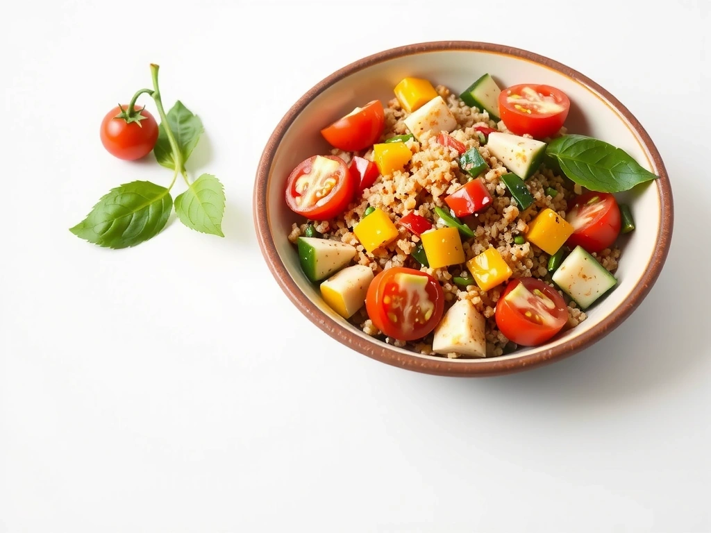 Imagine cu o salată colorată de quinoa și legume proaspete, aranjată artistic într-un bol de ceramică.