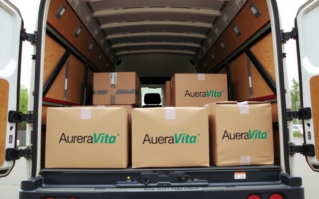 Cutii de livrare Aureavita într-un camion de curierat, simbolizând procesul de livrare.